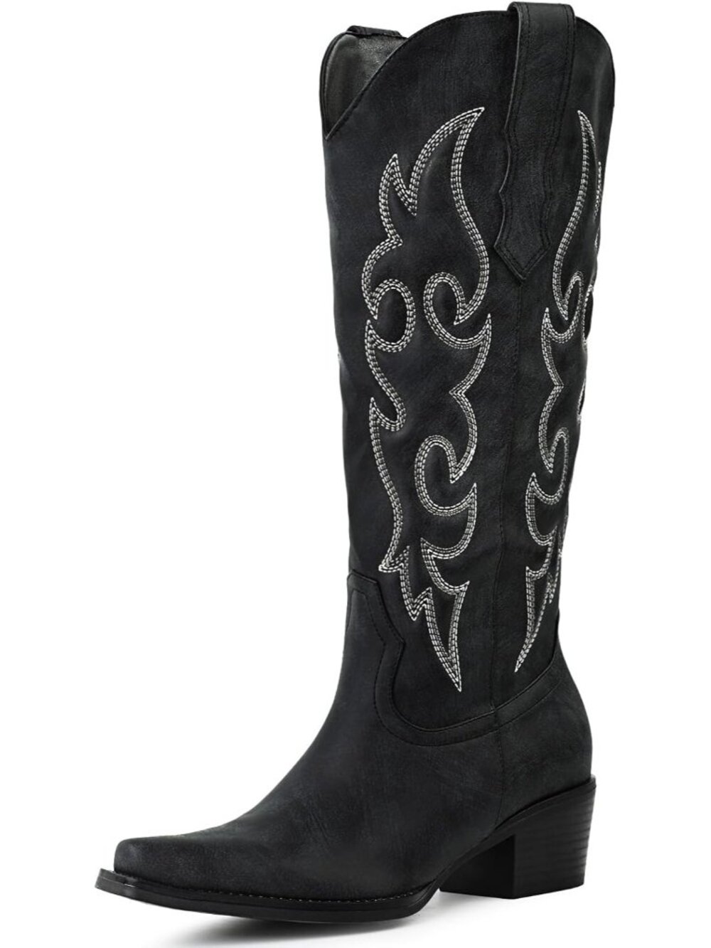 Women's Black Knee High Cowboy Boots 3D Padded Pointed Toe Western Cowgirl Boots